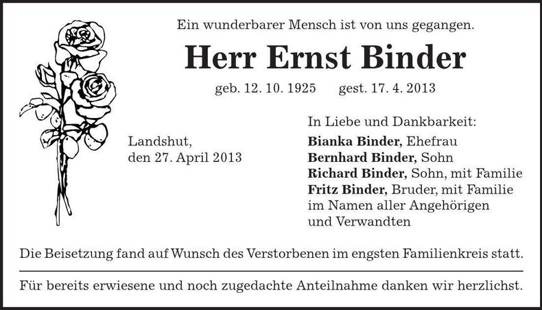 Traueranzeige Ernst Binder