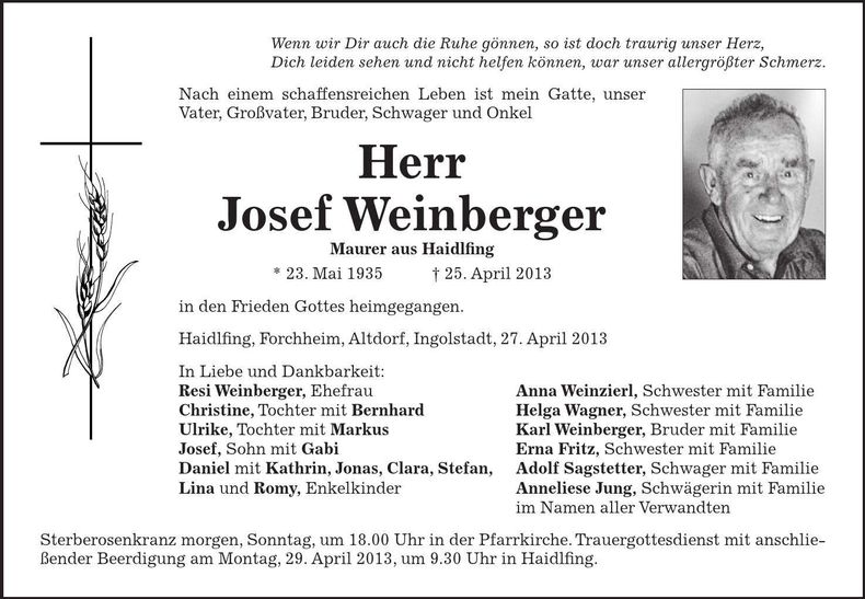 Traueranzeige Josef Weinberger