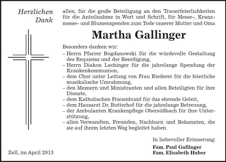 Traueranzeige Martha Gallinger