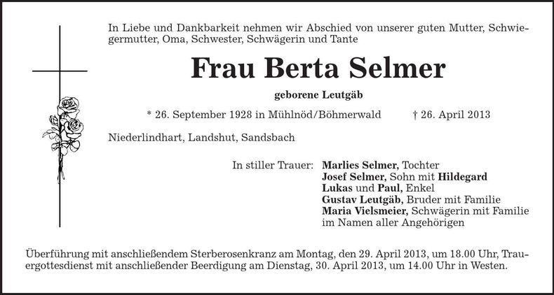 Traueranzeige Semmler Berta