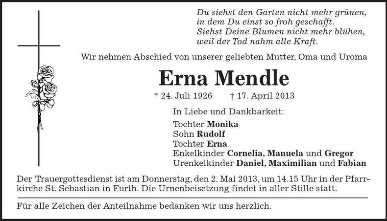 Traueranzeige Erna Mendle