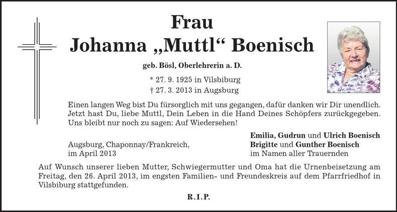 Traueranzeige Johanna Boenisch