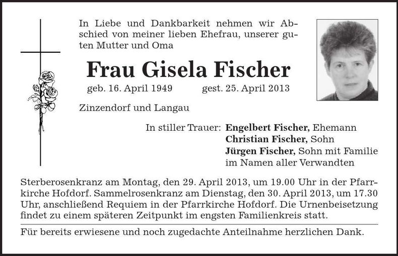 Traueranzeige Gisela Fischer