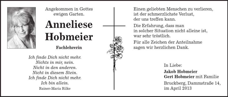 Traueranzeige Anneliese Hobmeier