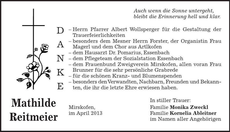 Traueranzeige Mathilde Reitmeier