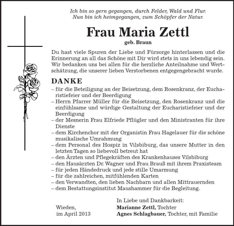 Traueranzeige Maria Zettl