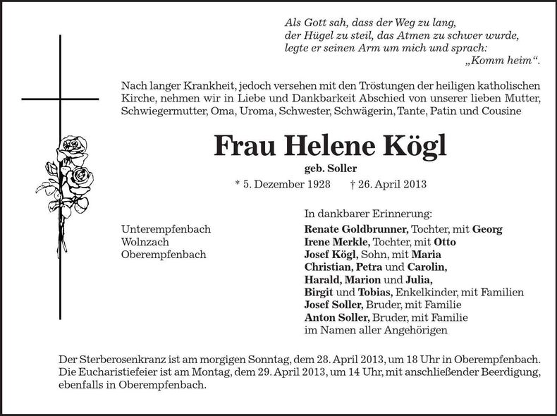 Traueranzeige Helene Kögl