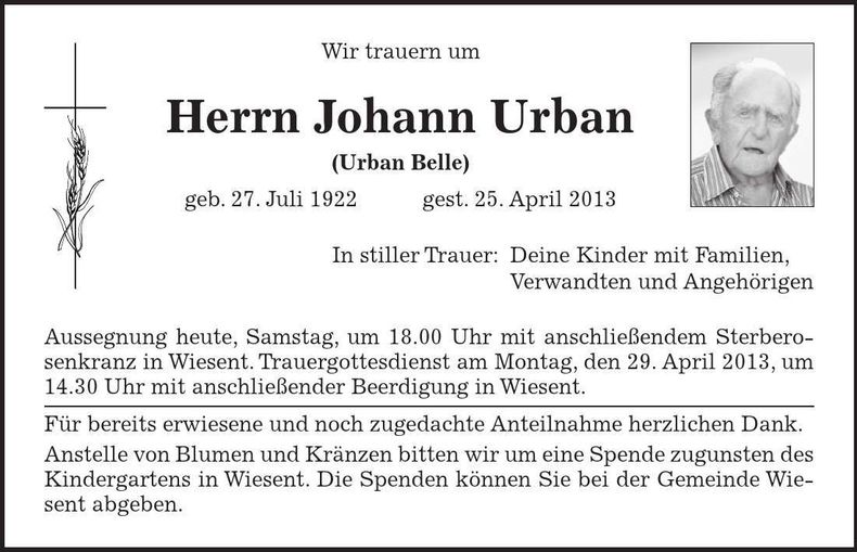 Traueranzeige Johann Urban