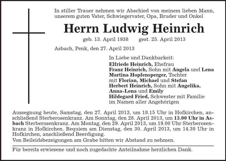 Traueranzeige Ludwig Heinrich