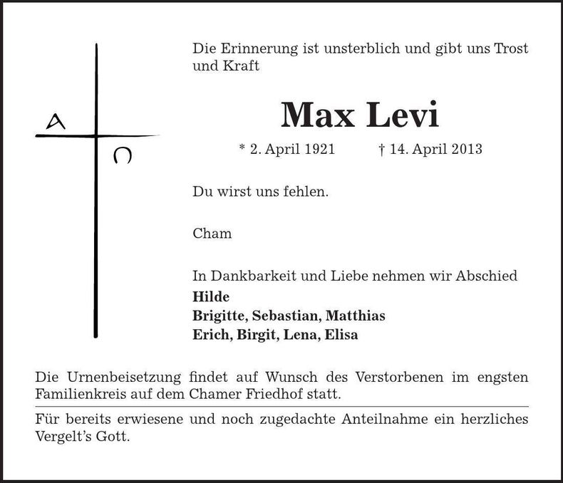 Traueranzeige Max Levi