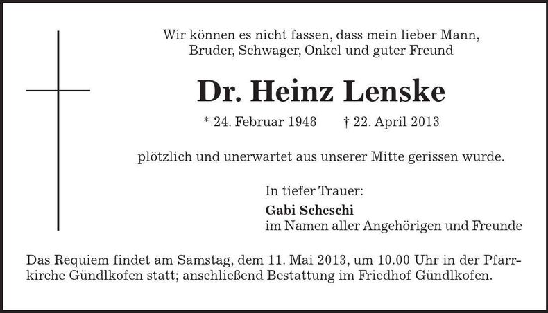 Traueranzeige Heinz Lenske