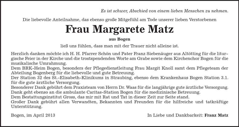 Traueranzeige Margarete Matz