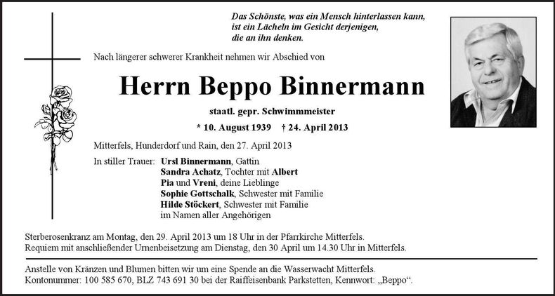 Traueranzeige Beppo Binnermann