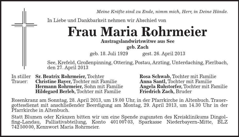 Traueranzeige Maria Rohrmeier