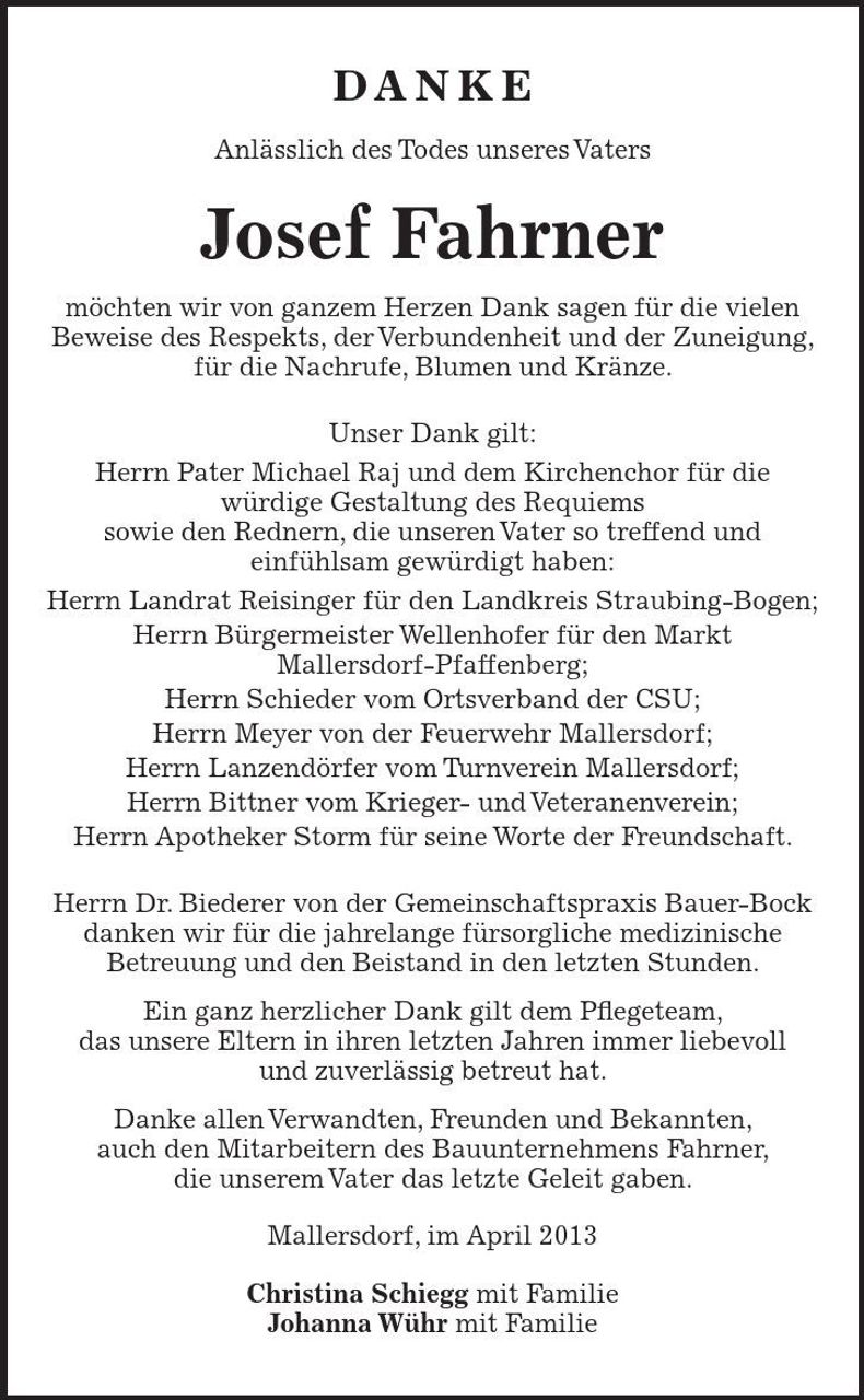 Traueranzeige Josef Fahrner