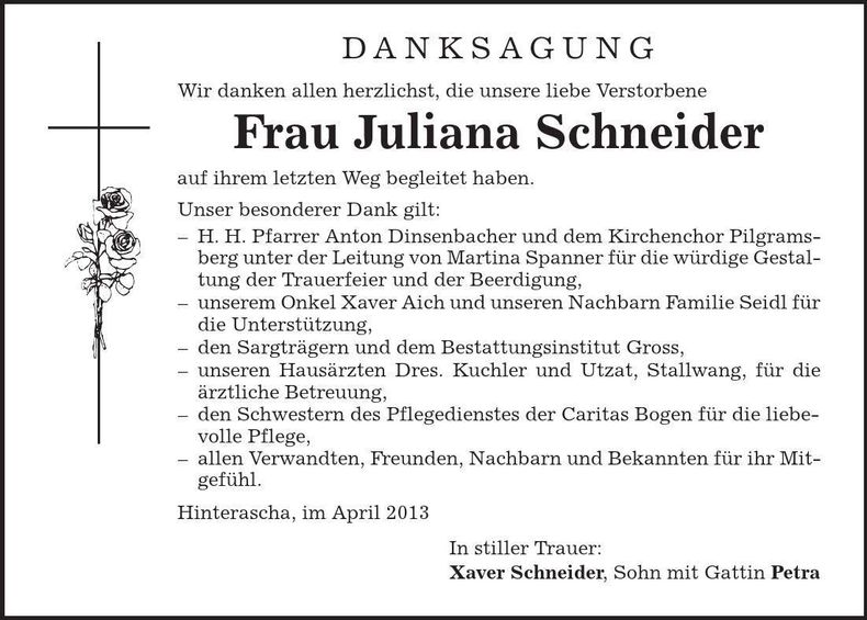 Traueranzeige Juliana Schneider