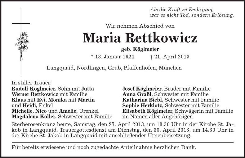 Traueranzeige Maria Rettkowicz