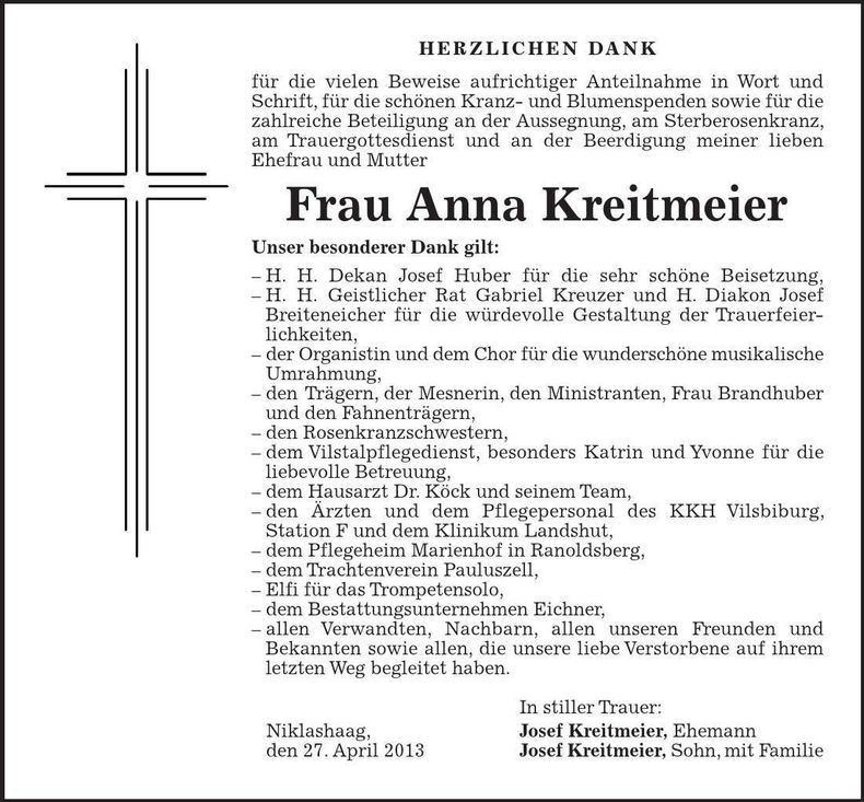 Traueranzeige Anna Kreitmeier