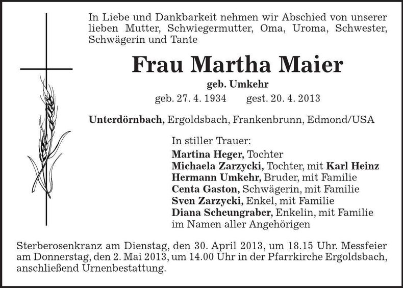 Traueranzeige Martha Maier