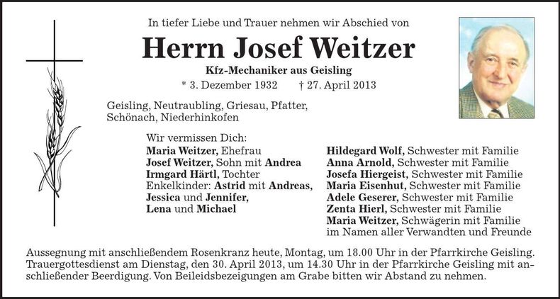 Traueranzeige Josef Weitzer