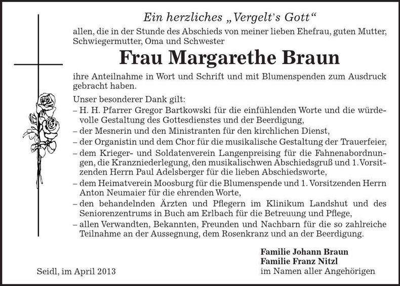 Traueranzeige Braun Margarethe