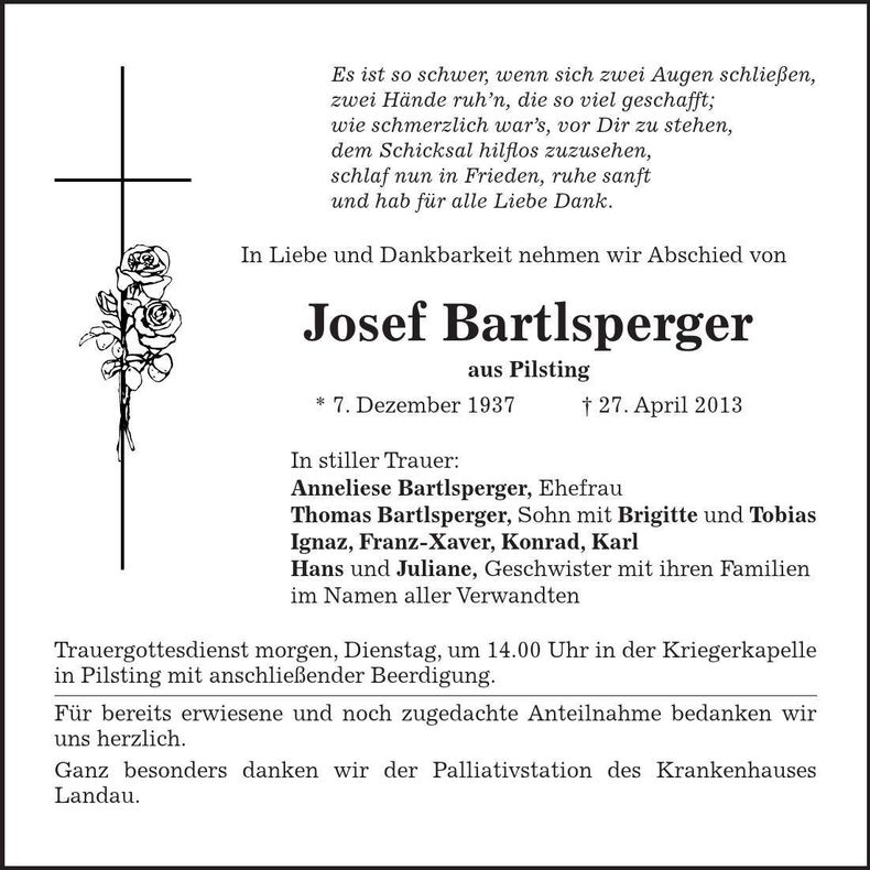 Traueranzeige Josef Bartlsperger