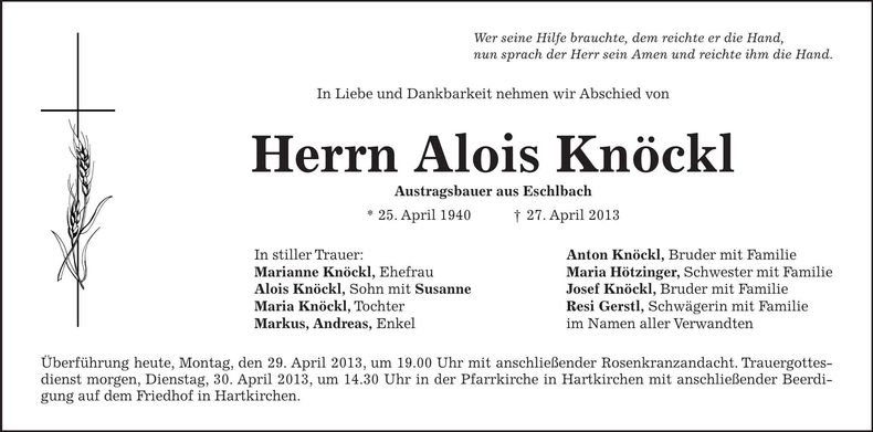 Traueranzeige Alois Knöckl