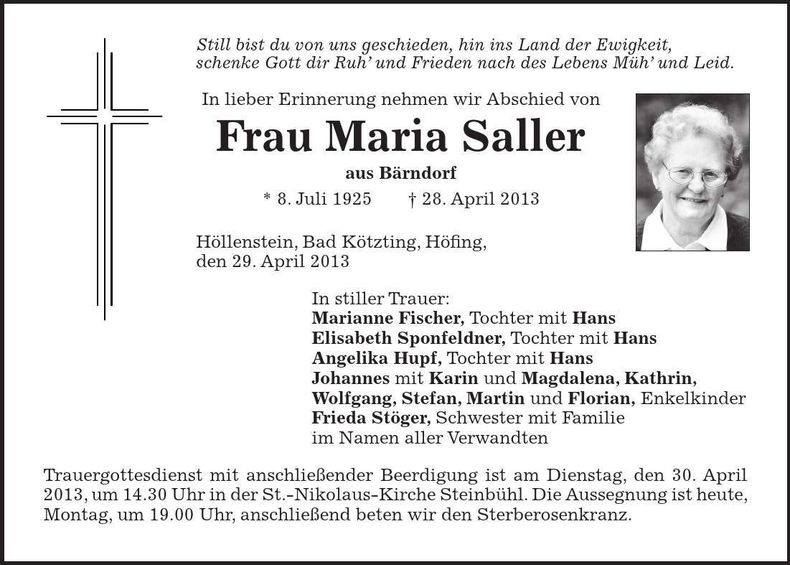 Traueranzeige Maria Saller