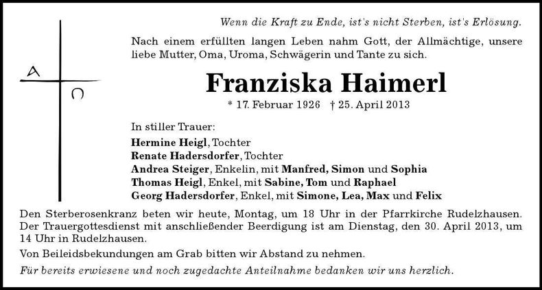 Traueranzeige Franziska Haimerl