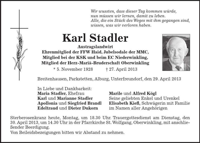 Traueranzeige Karl Stadler