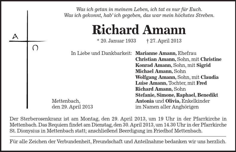 Traueranzeige Richard Amann