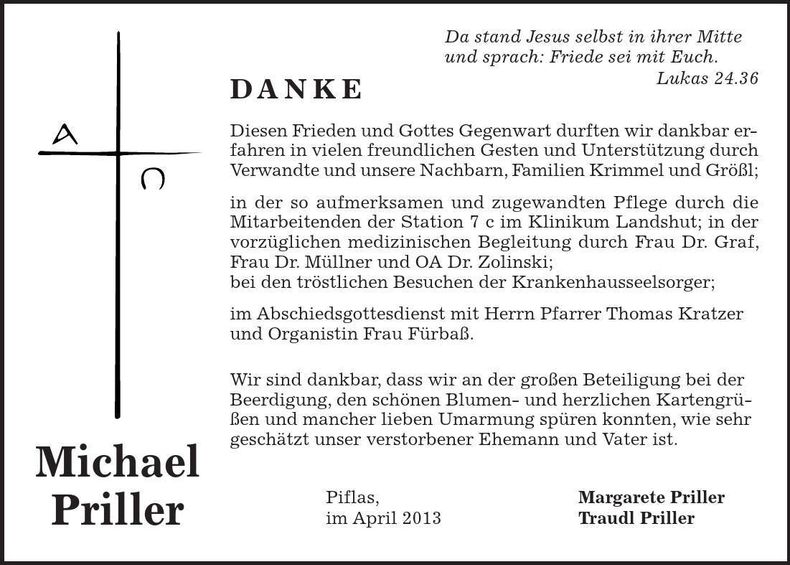 Traueranzeige Michael Priller