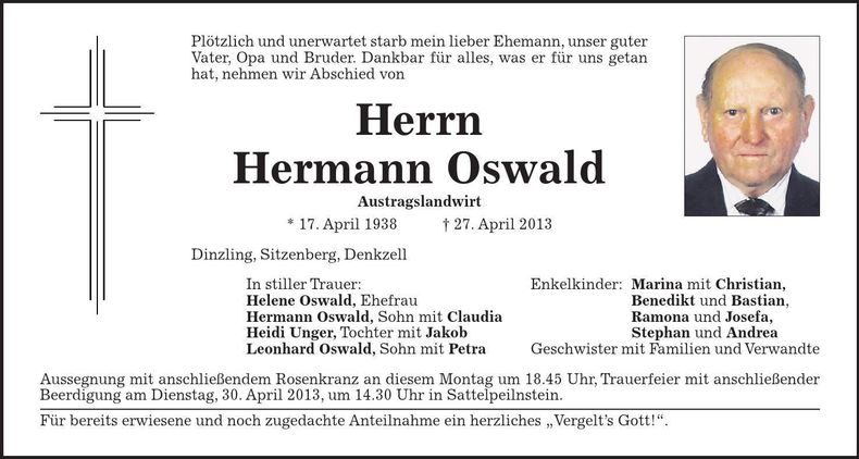 Traueranzeige Hermann Oswald