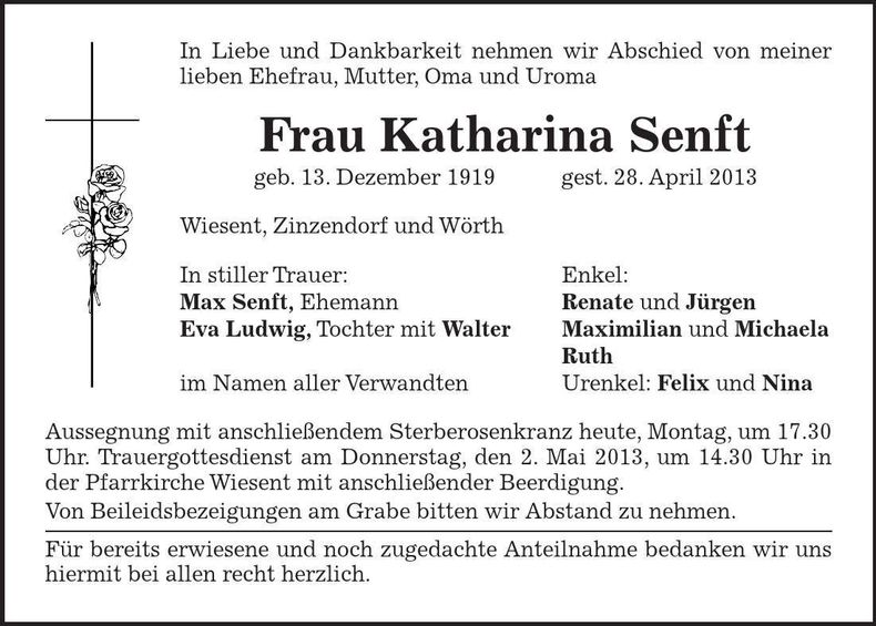 Traueranzeige Katharina Senft