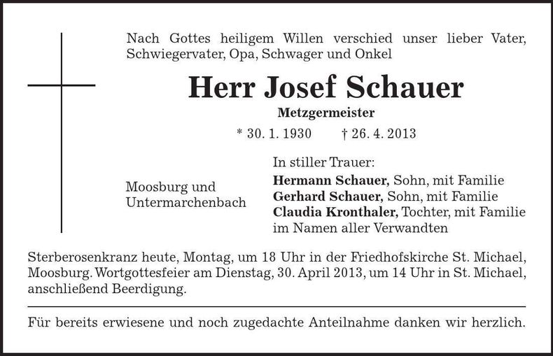 Traueranzeige Josef Schauer