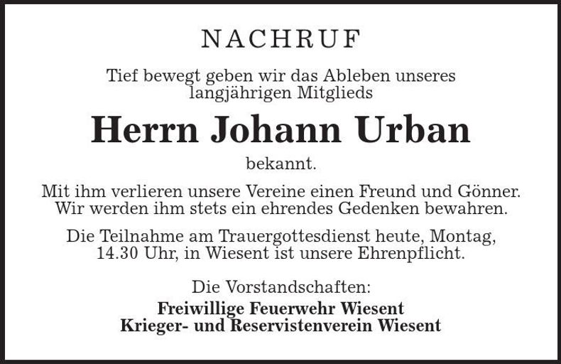 Traueranzeige Johann Urban