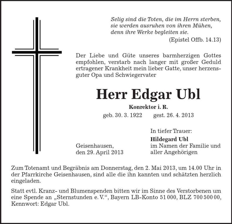 Traueranzeige Edgar Ubl