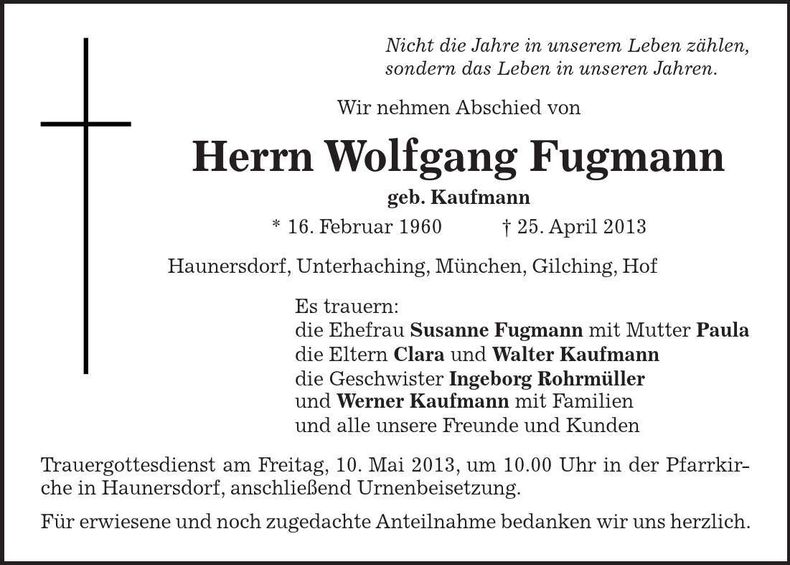 Traueranzeige Wolfgang Fugmann