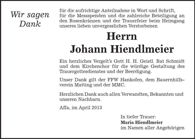 Traueranzeige Johann Hiendlmeier