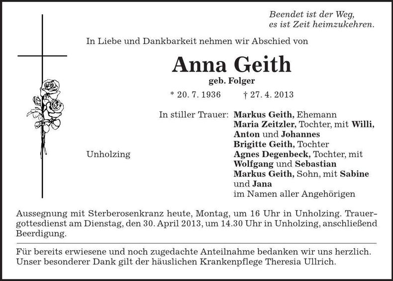 Traueranzeige Anna Geith