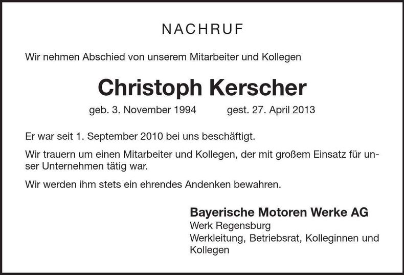 Traueranzeige Christoph Kerscher