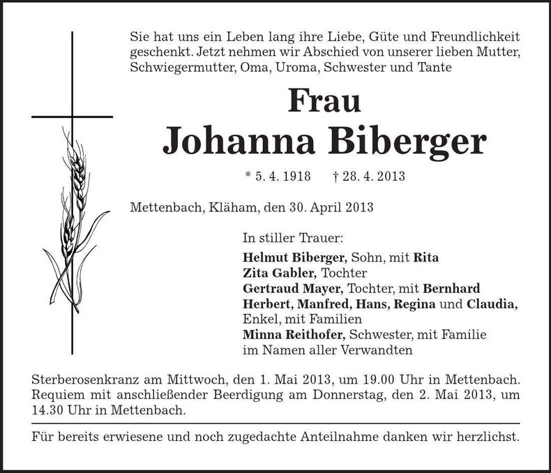 Traueranzeige Johanna Biberger