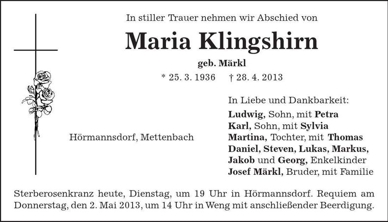 Traueranzeige Maria Klingshirn