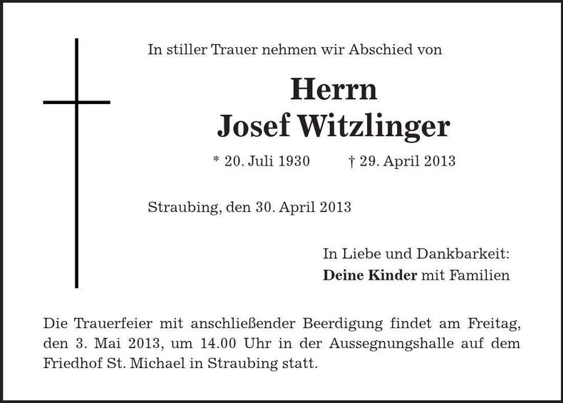 Traueranzeige Josef Witzlinger