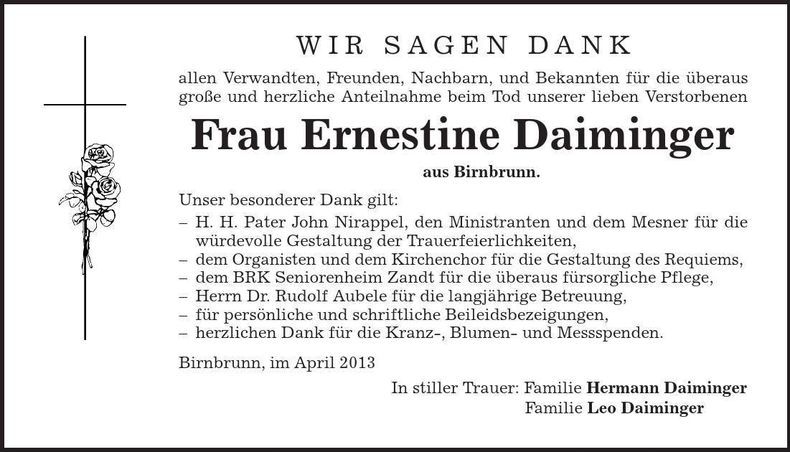 Traueranzeige Ernestine Daiminger