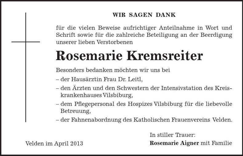 Traueranzeige Rosemarie Kremsreiter