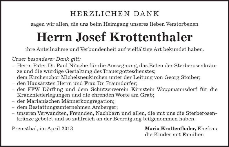Traueranzeige Josef Krottenthaler