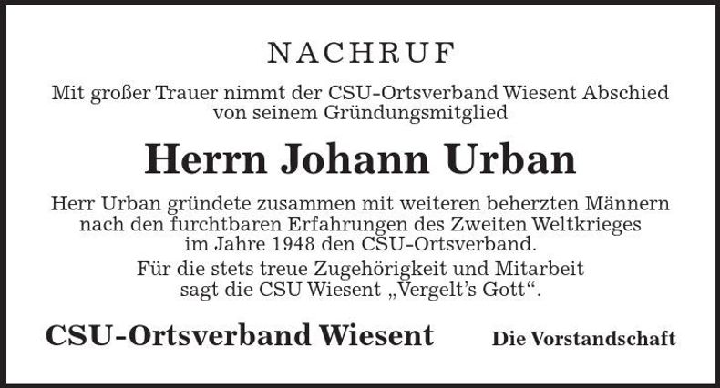 Traueranzeige Johann Urban