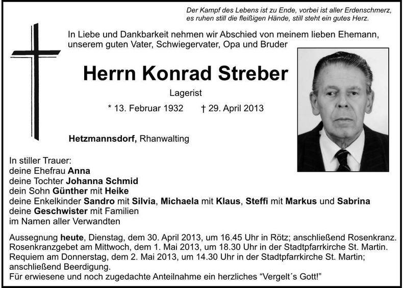 Traueranzeige Konad Streber