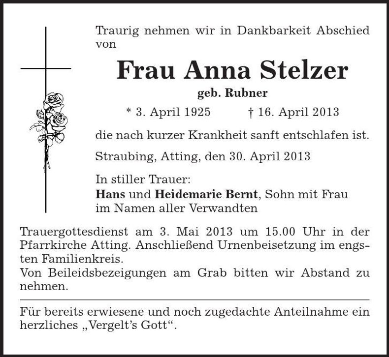 Traueranzeige Anna Stelzer
